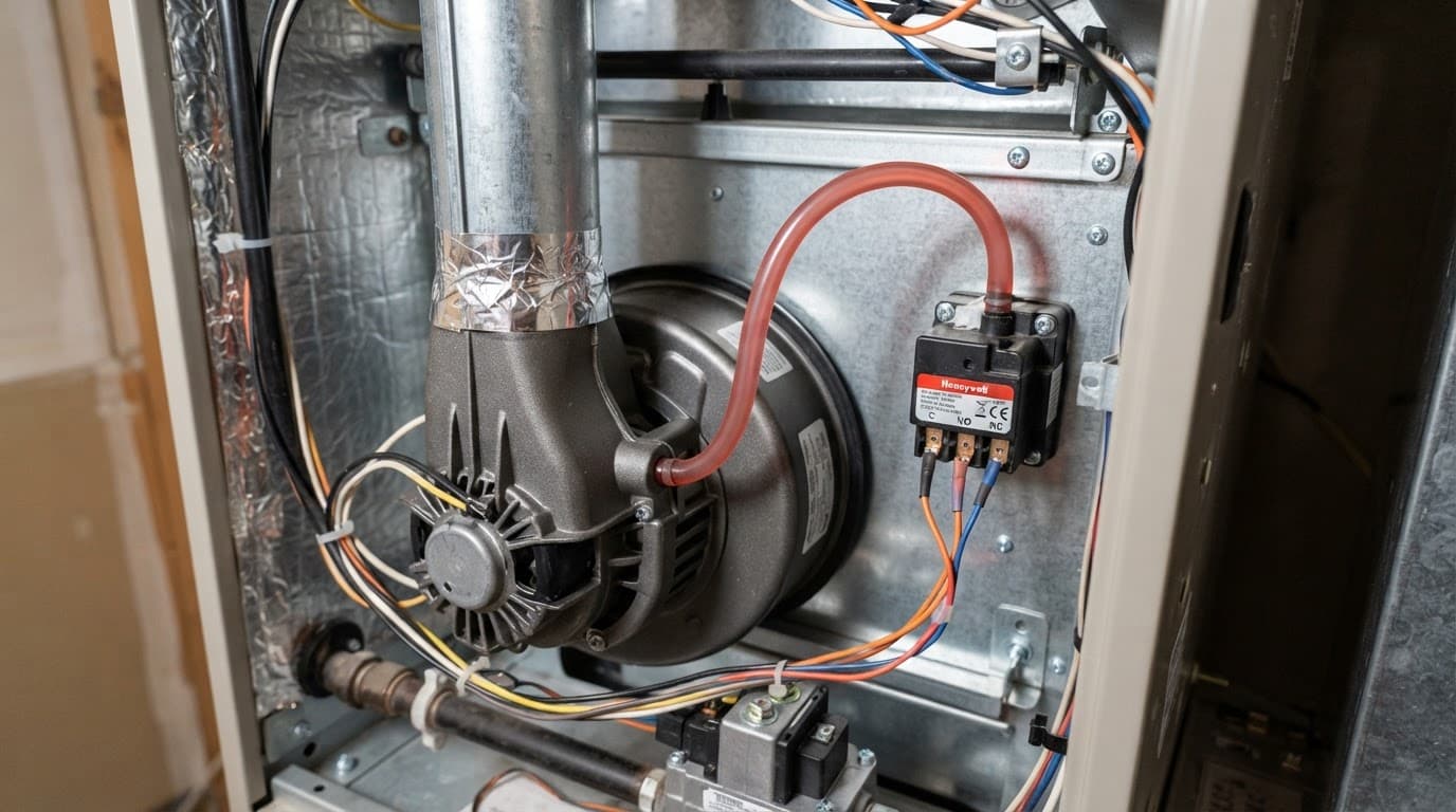 Close-up of a furnace inducer motor, vent pipe, tubing, and pressure switch.