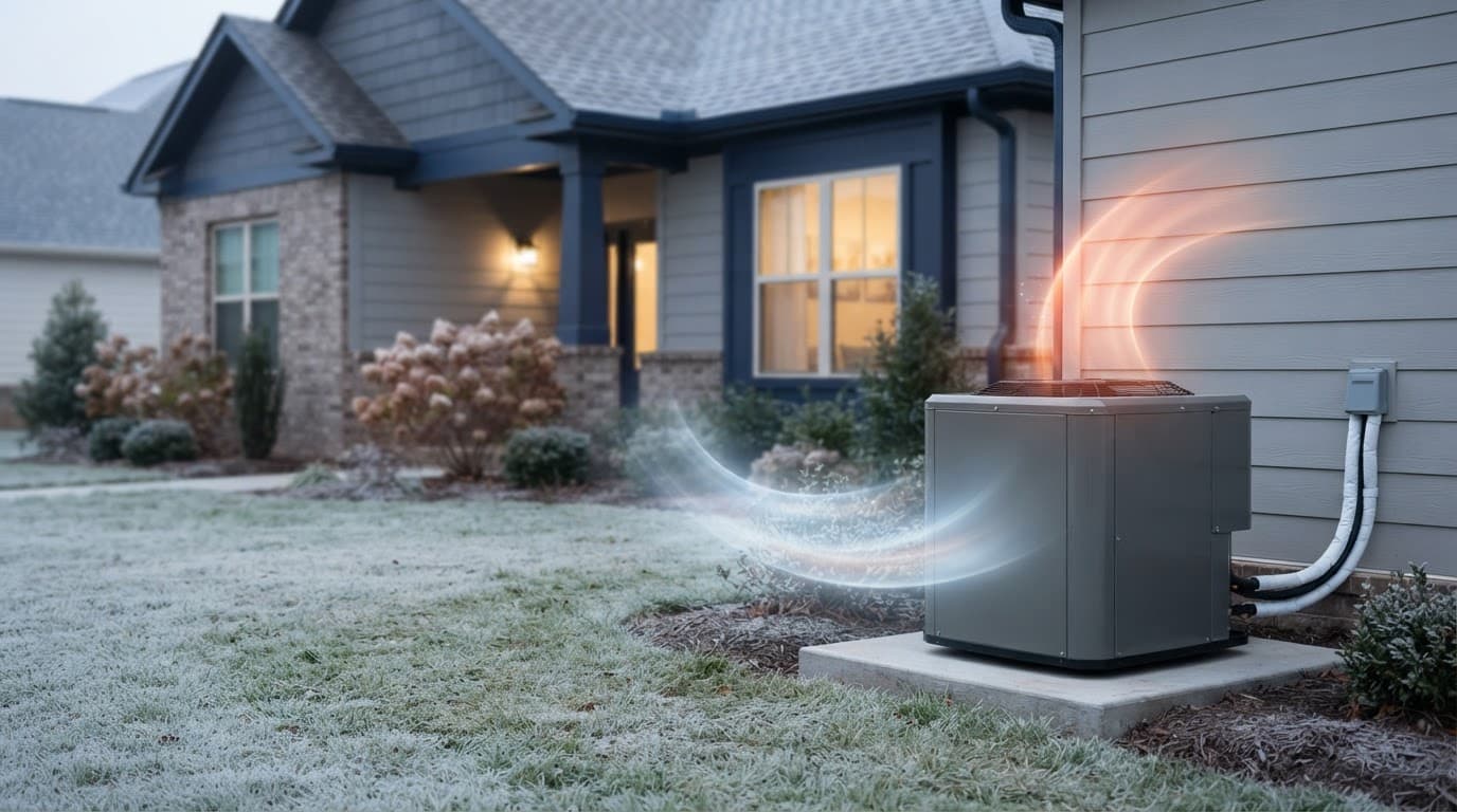 Outdoor heating equipment beside a modern home with two abstract heating paths.