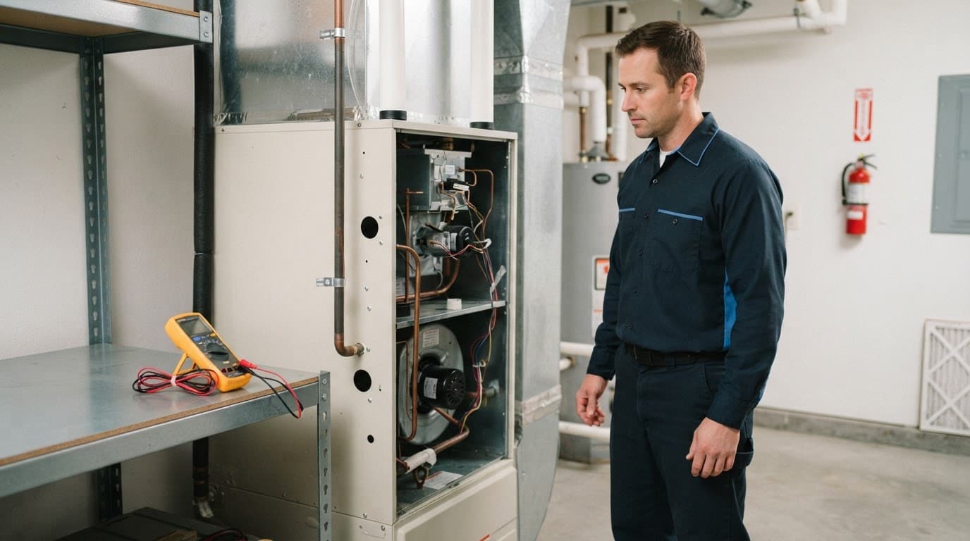 An HVAC technician inspects a residential heating system beside indoor equipment.