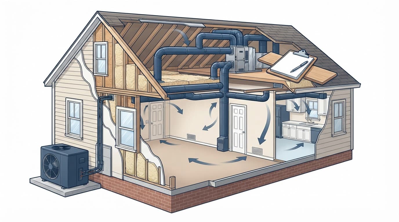 Cutaway home showing ductwork, room airflow, an outdoor HVAC unit, and the home's thermal envelope.