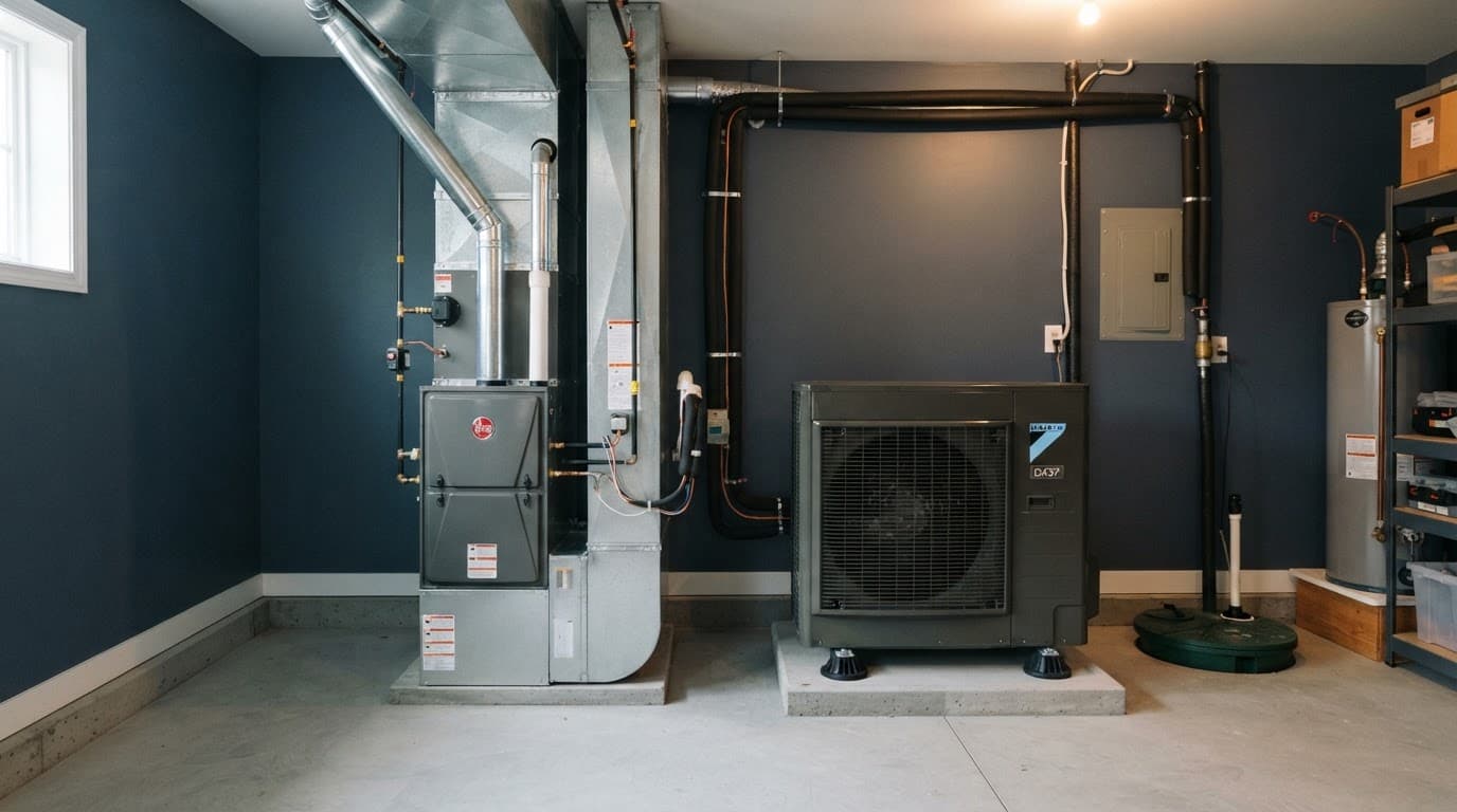 Heat pump compressor and gas heating equipment beside each other in a clean utility room.