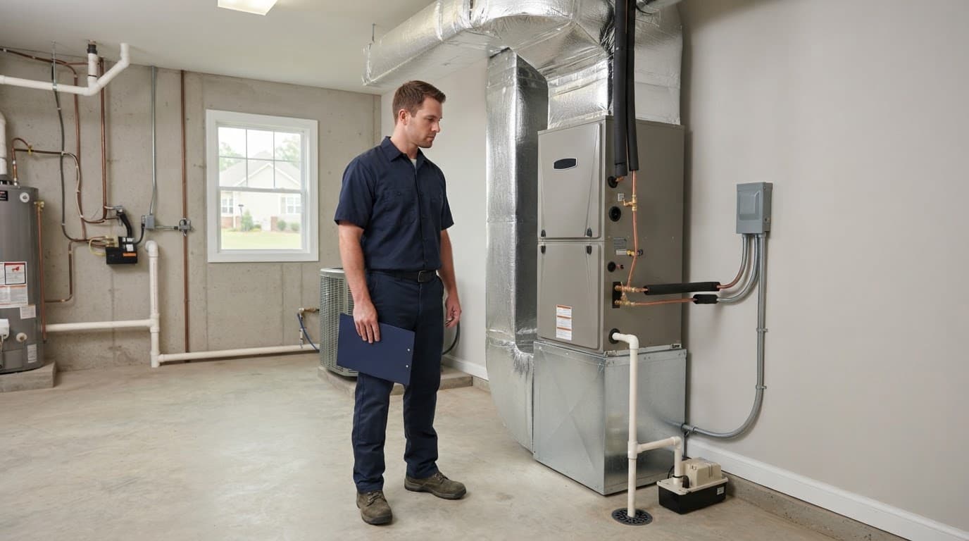 Technician checks a heat pump and air handler beside organized home mechanical lines.