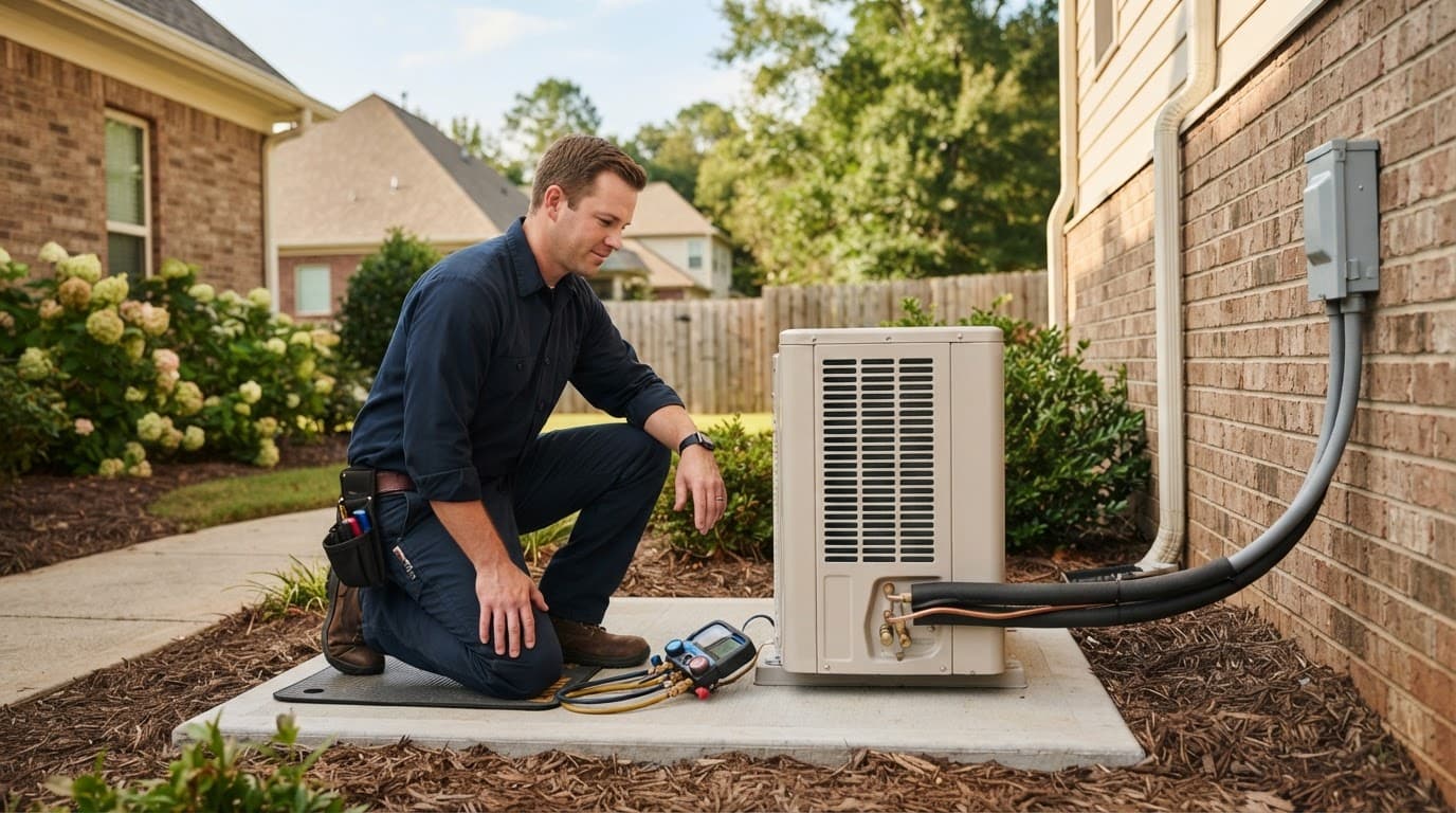 Technician checking a heat pump beside gauges, an insulated line set, and an electrical disconnect.