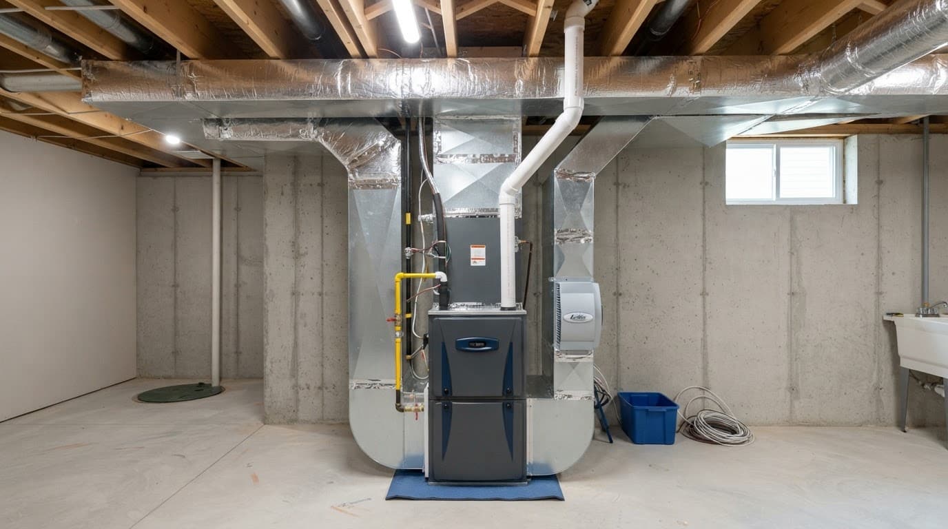 New high-efficiency furnace and ductwork installed in a clean residential basement.