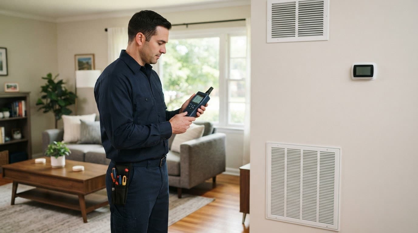 HVAC technician holding an air sensor in a living room with visible vents and thermostat.