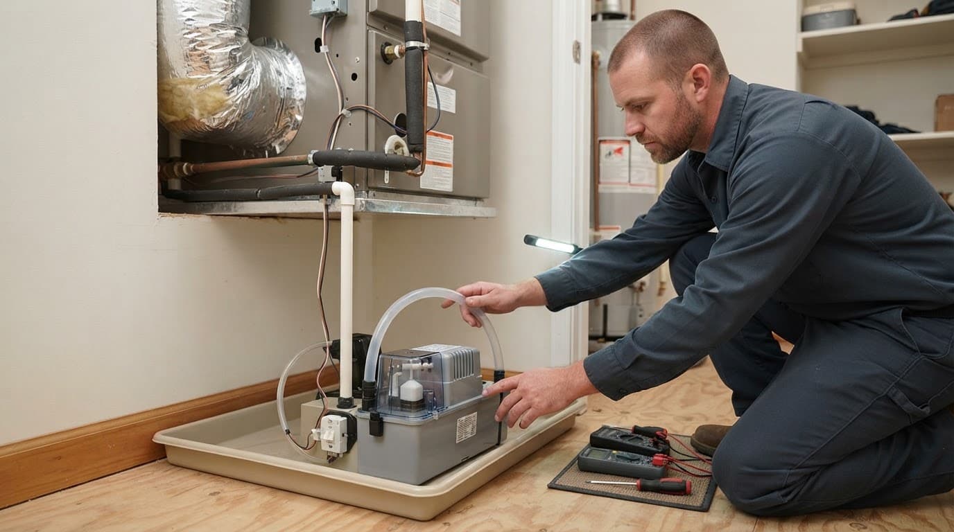 Technician inspecting HVAC equipment and a clear drain tube in a utility closet.