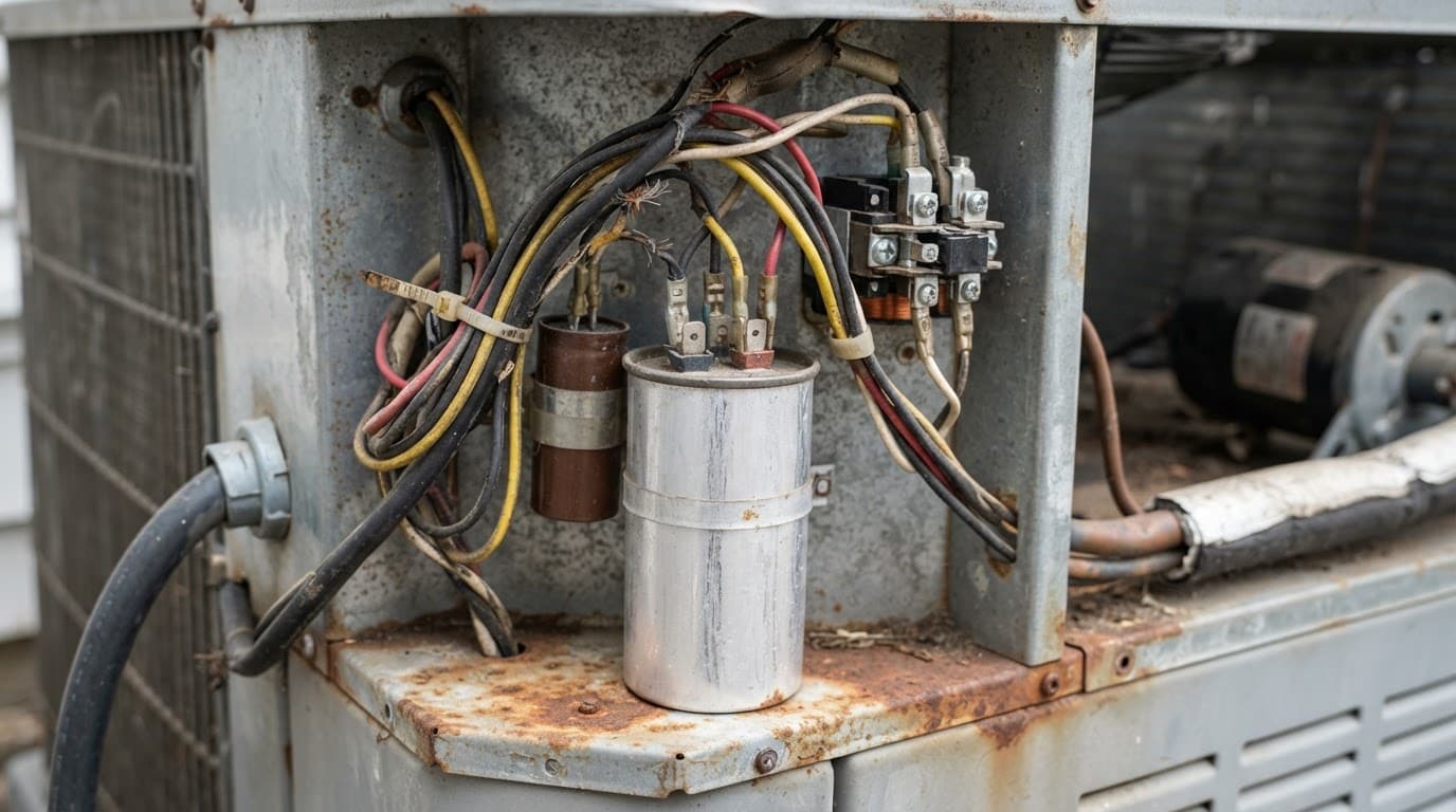 Close-up of wiring and capacitors inside an outdoor HVAC condenser.