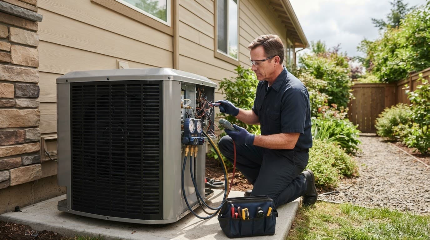 A technician inspects an outdoor AC condenser beside a house.
