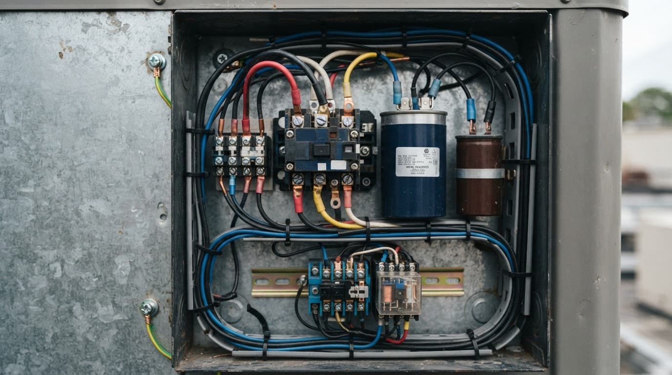 Close-up of relays, capacitors, and wires inside an open HVAC control box.