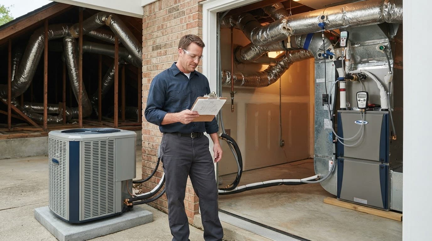 A technician checks ductwork beside a new air conditioner and pressure gauge.