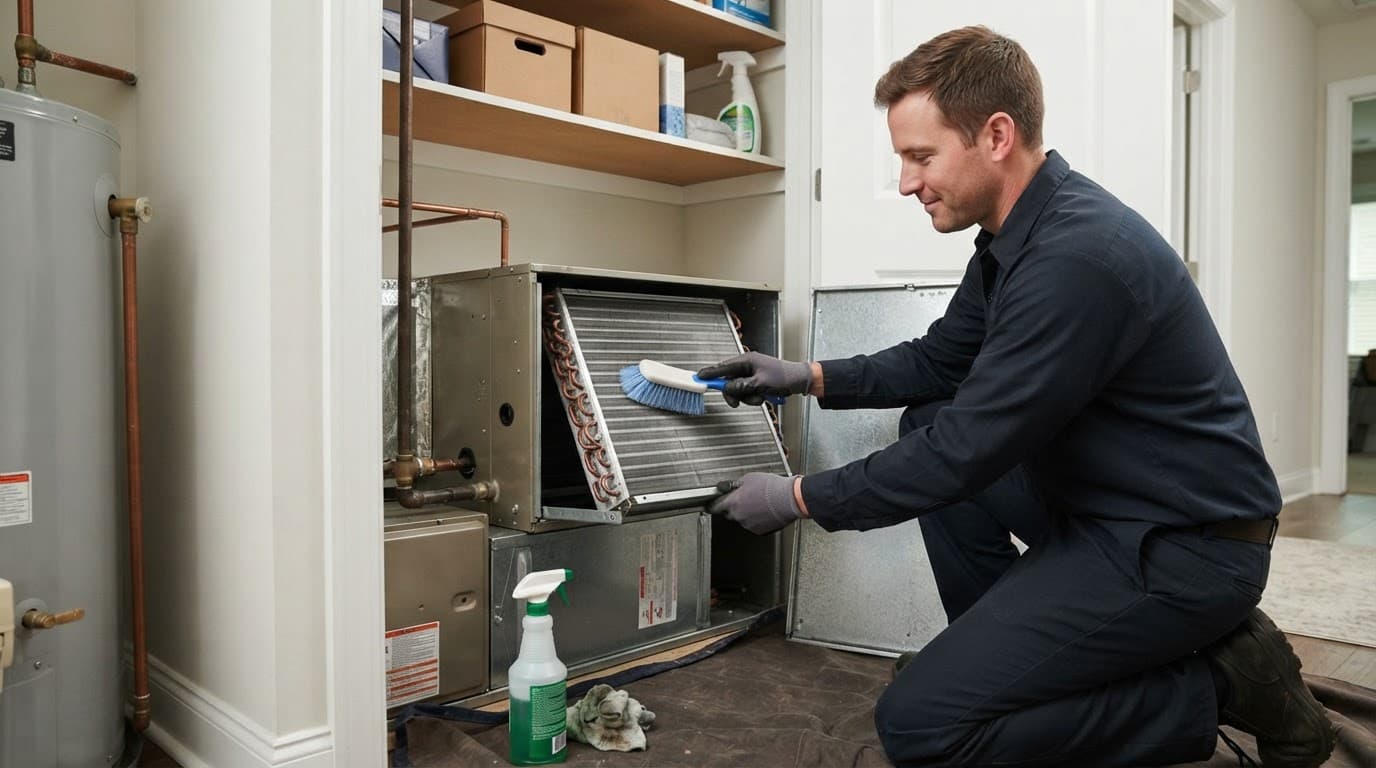 A technician inspects an open air handler with its evaporator coil exposed.