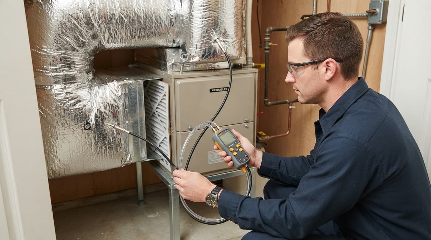 Technician measuring air pressure at a residential air handler with hoses and a digital manometer.