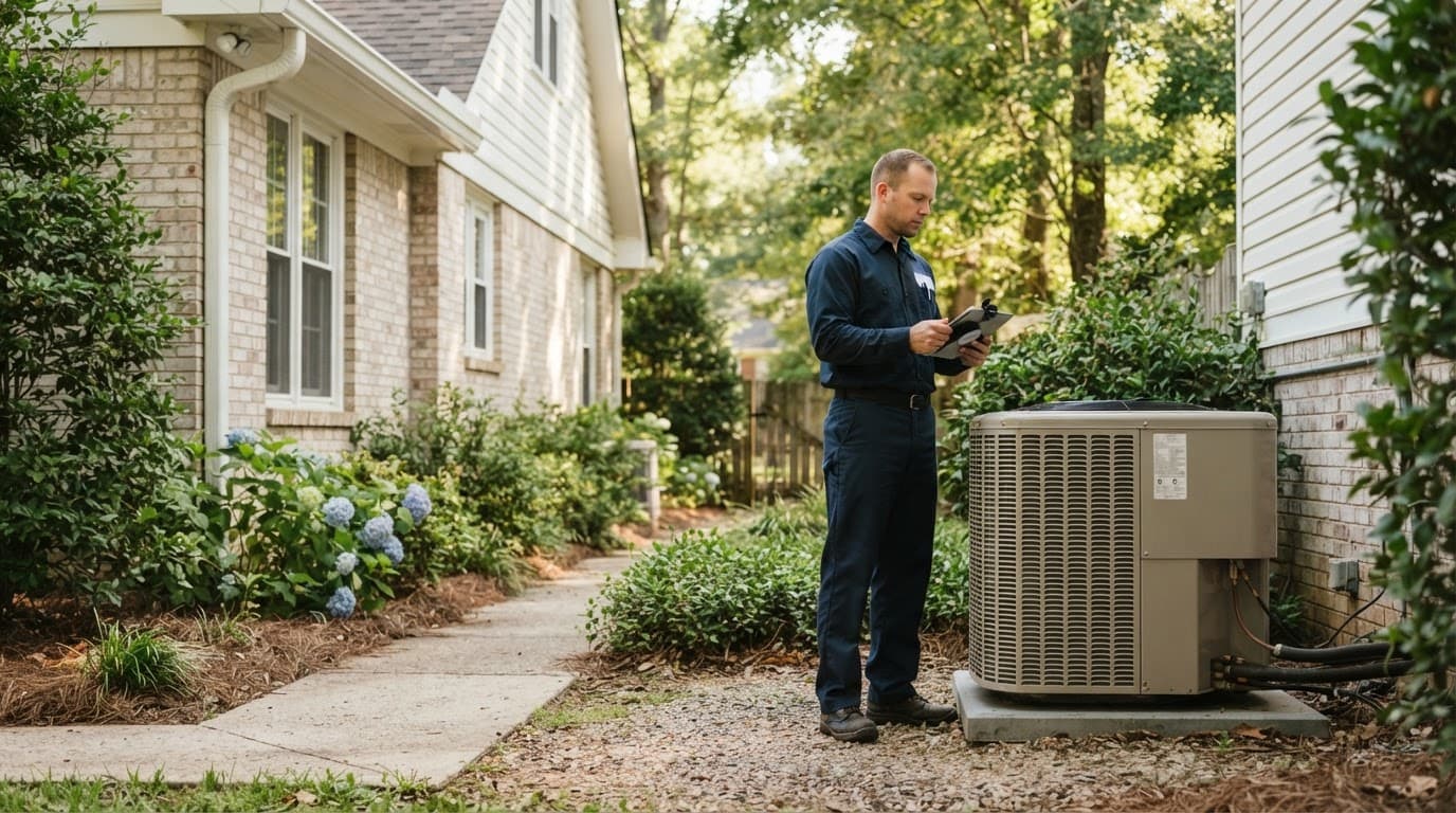 A technician inspects an outdoor air conditioner beside a suburban home.