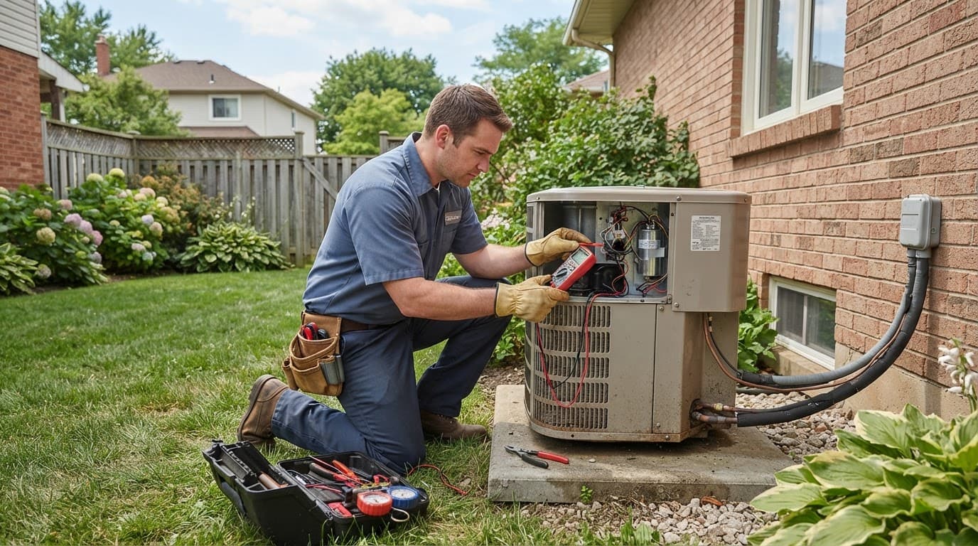 Technician inspecting an outdoor AC condenser beside a suburban home.