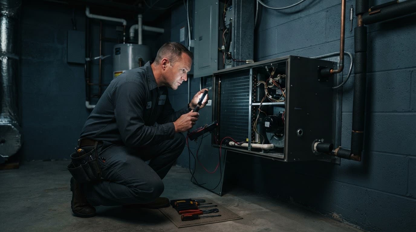 A technician inspects an air handler in a dim utility room.