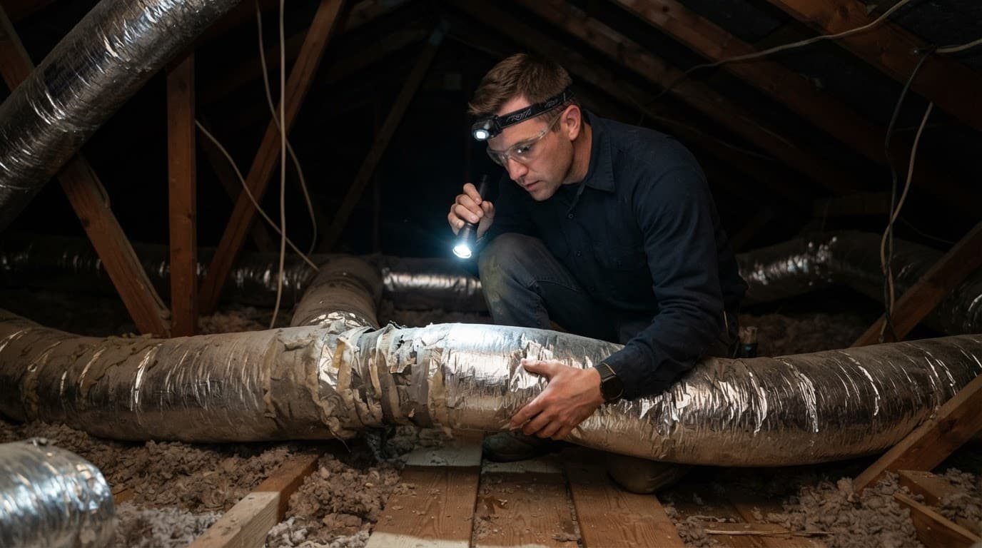 HVAC technician using a flashlight to inspect flexible ducts in an overhead space.