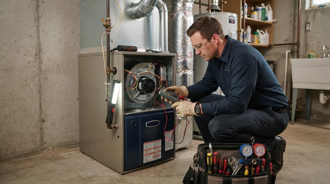 HVAC technician inspecting an open furnace with tools in a residential utility room.