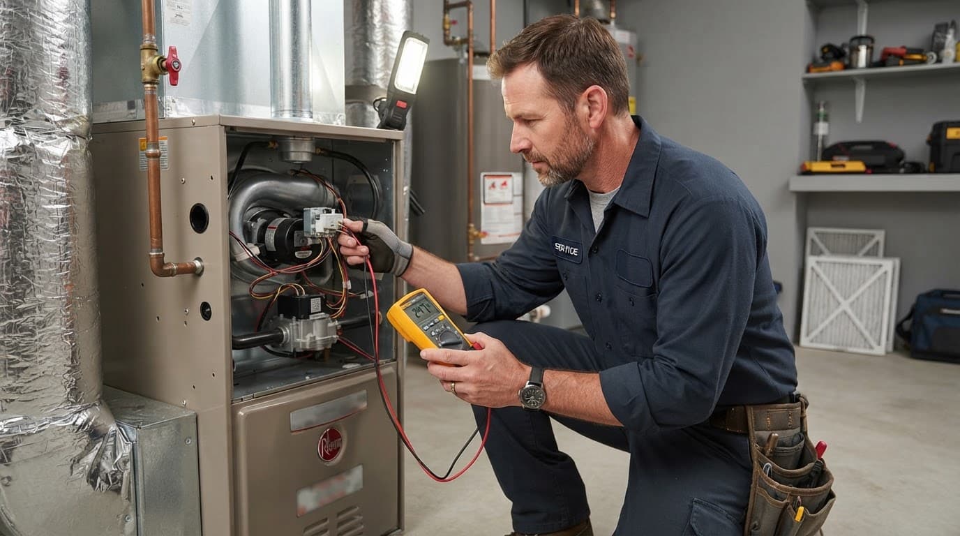 Technician checks a gas furnace with a digital multimeter in a utility room.