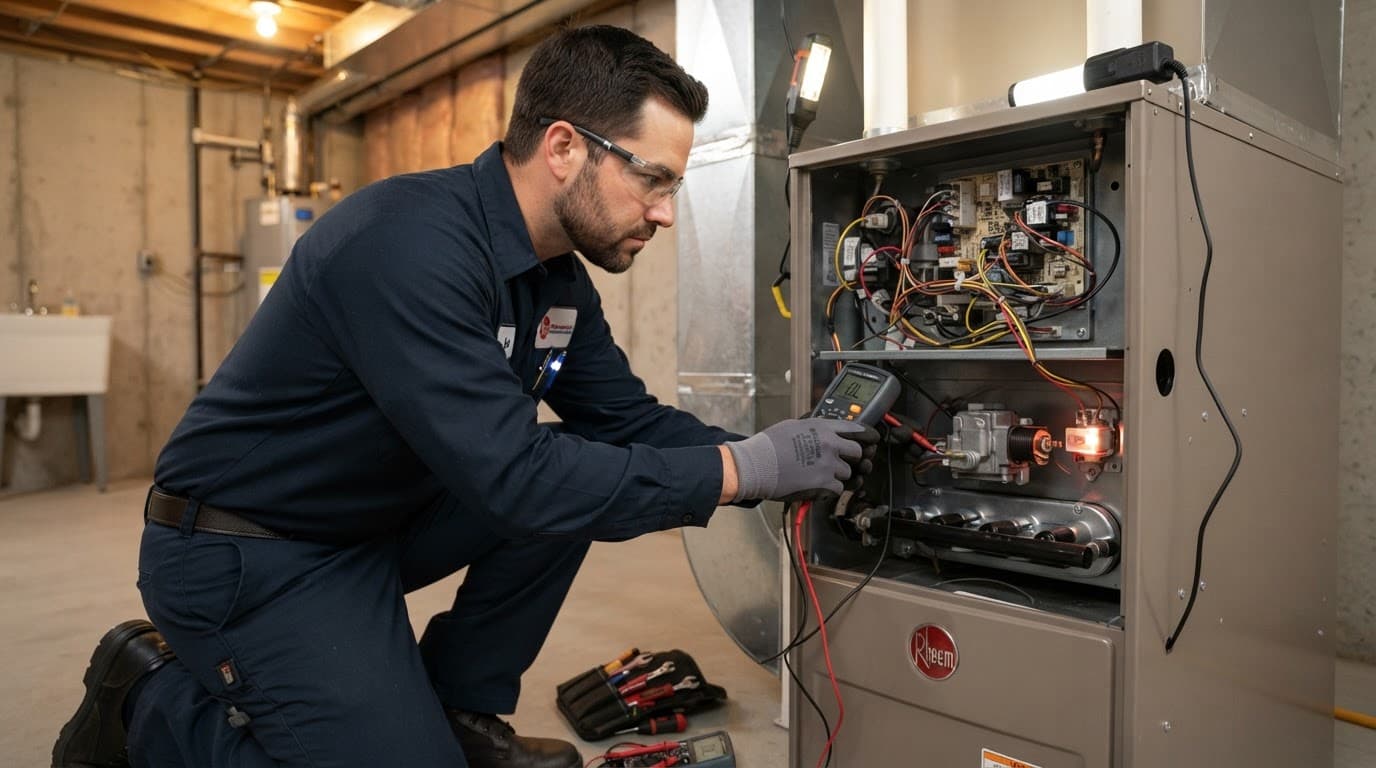 Technician measuring a furnace ignition element with a digital multimeter.