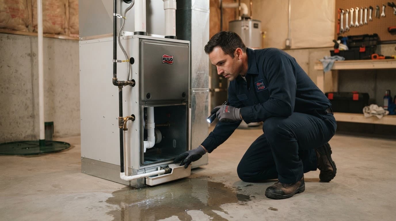 Technician inspecting a furnace beside a basement puddle.