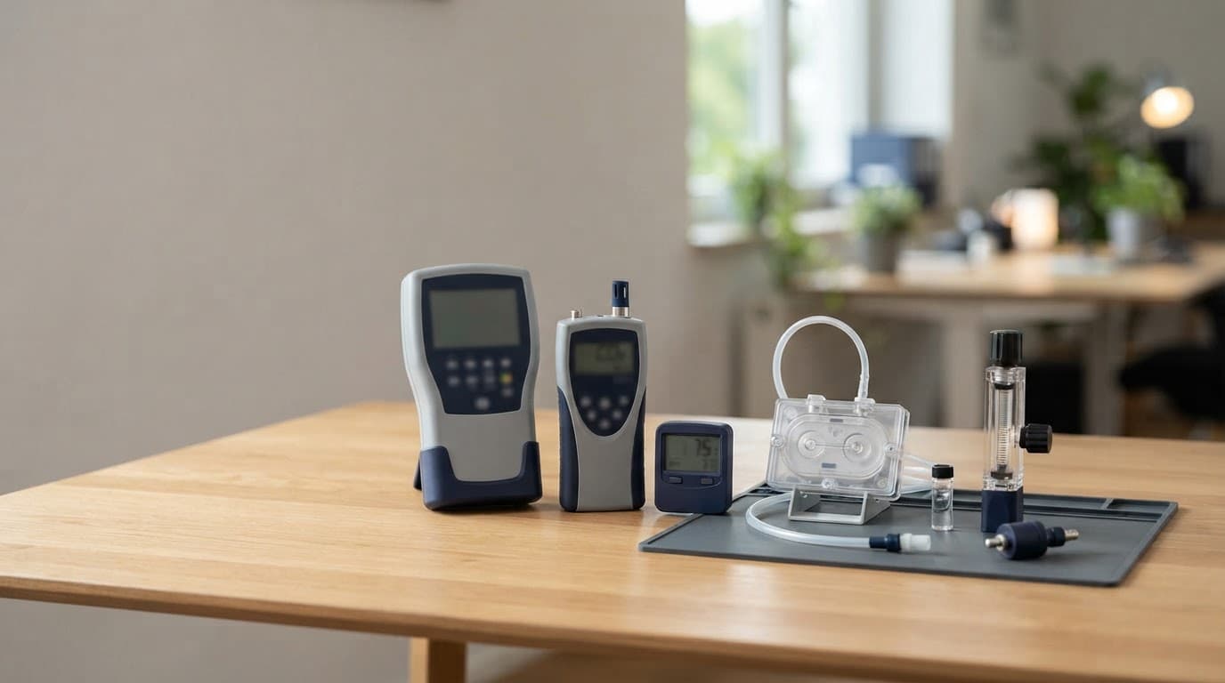 Air quality monitors and a sealed sampling cassette arranged on a clean table.
