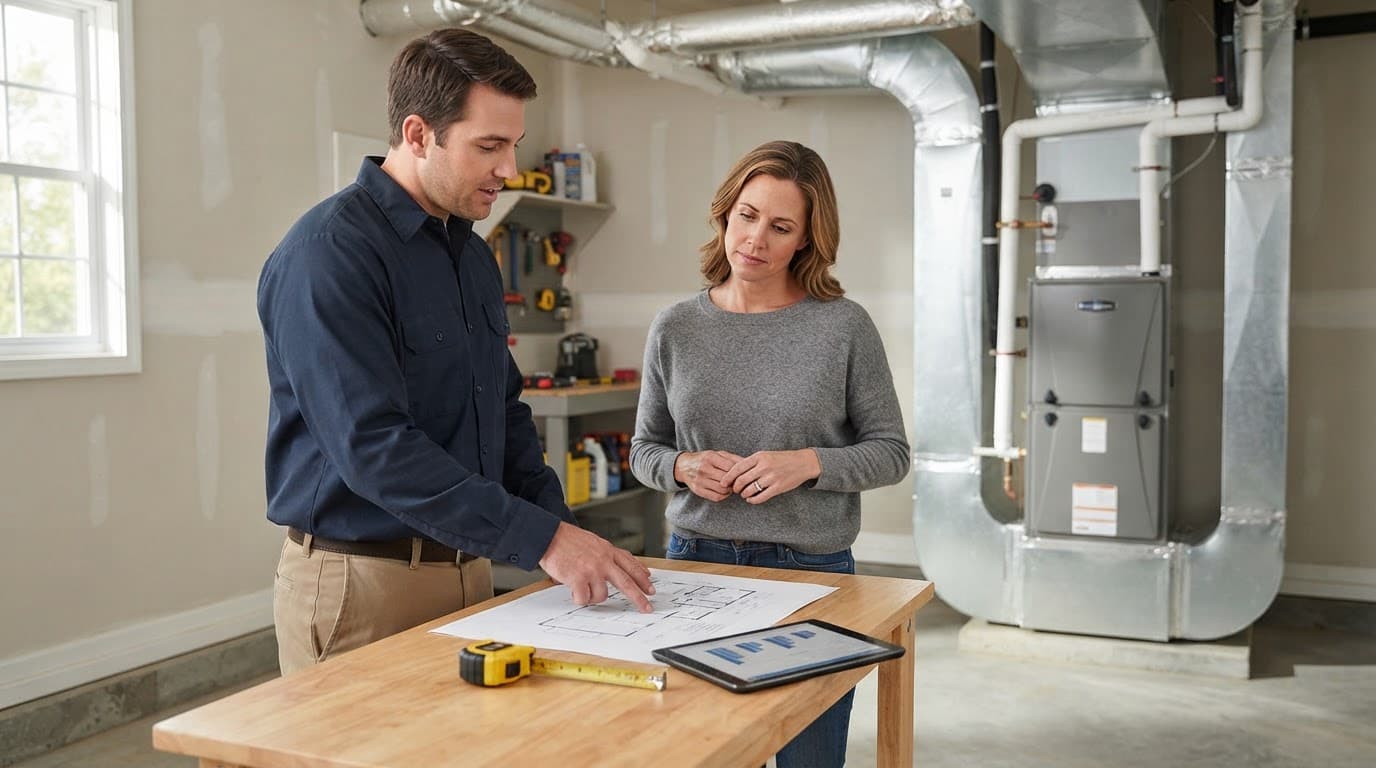 An HVAC technician and homeowner review a floor plan beside a utility room air handler.