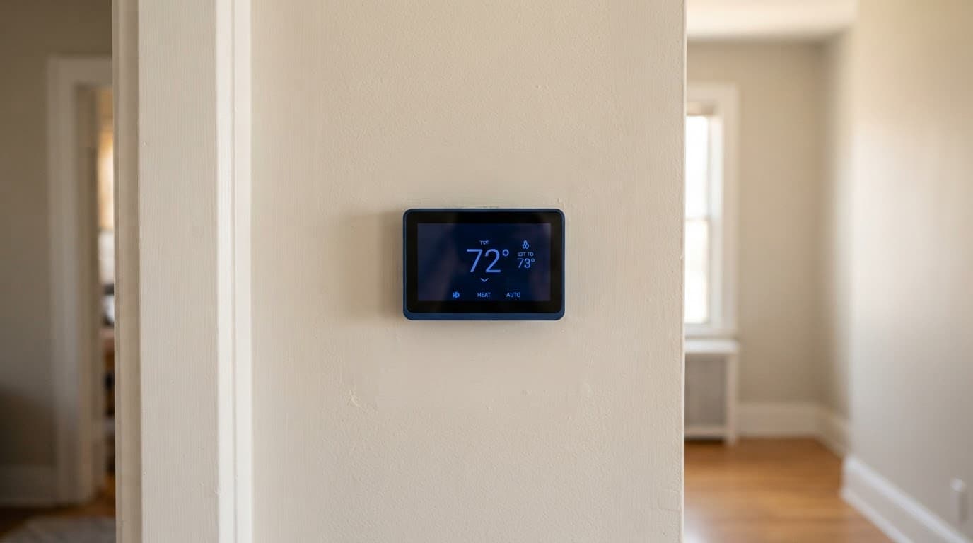 Dark blue thermostat mounted on a warm neutral hallway wall.