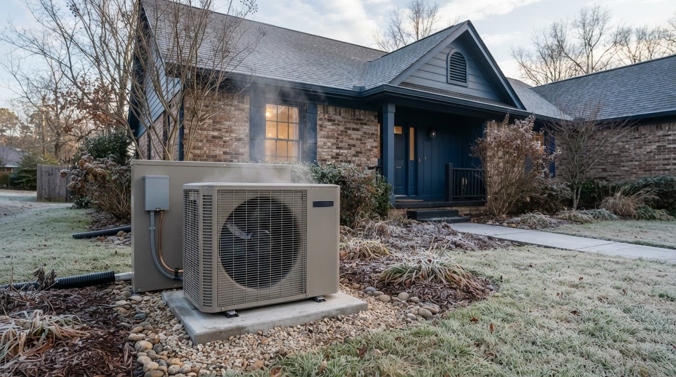 Outdoor heat pump beside a North Alabama home on a frosty winter morning.