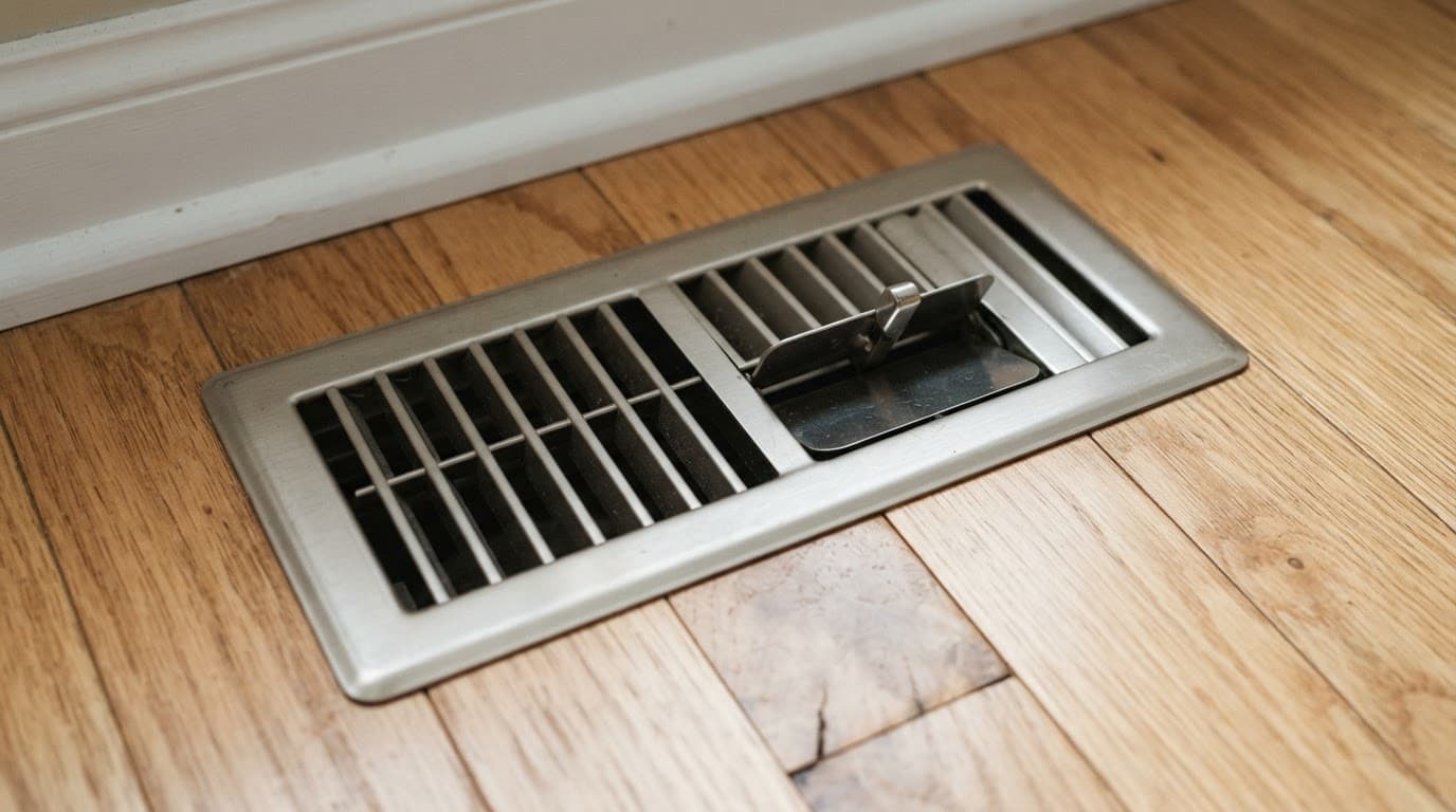 A partially closed HVAC floor vent set into clean hardwood flooring.