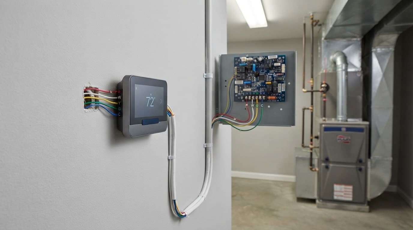 Smart thermostat beside a furnace control board with neatly arranged low-voltage wires.