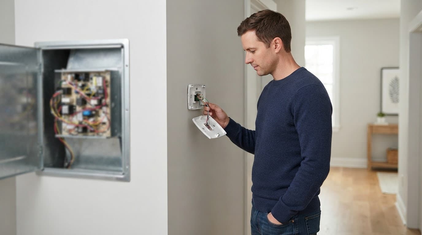 Homeowner checks wiring inside an open smart thermostat in a hallway.