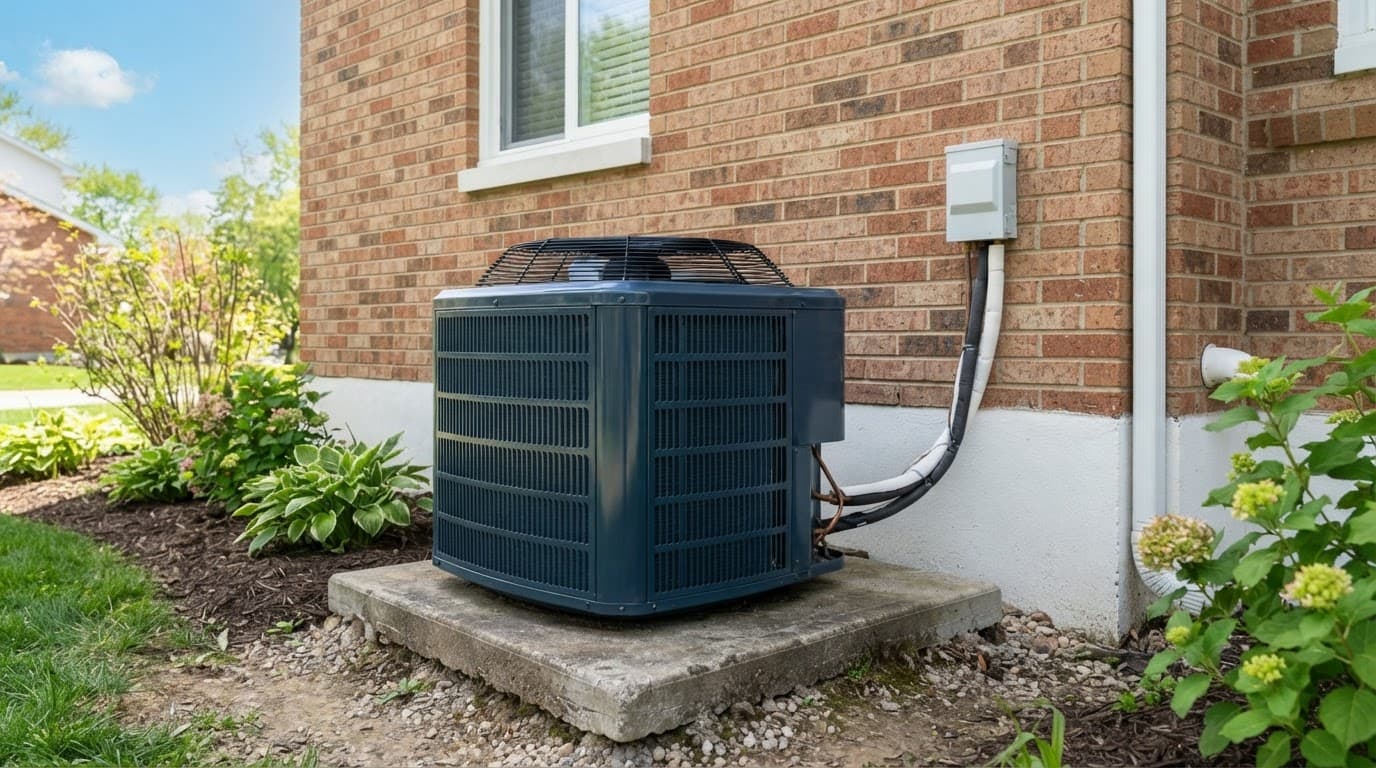 Dark blue AC condenser on a concrete pad beside a brick home.