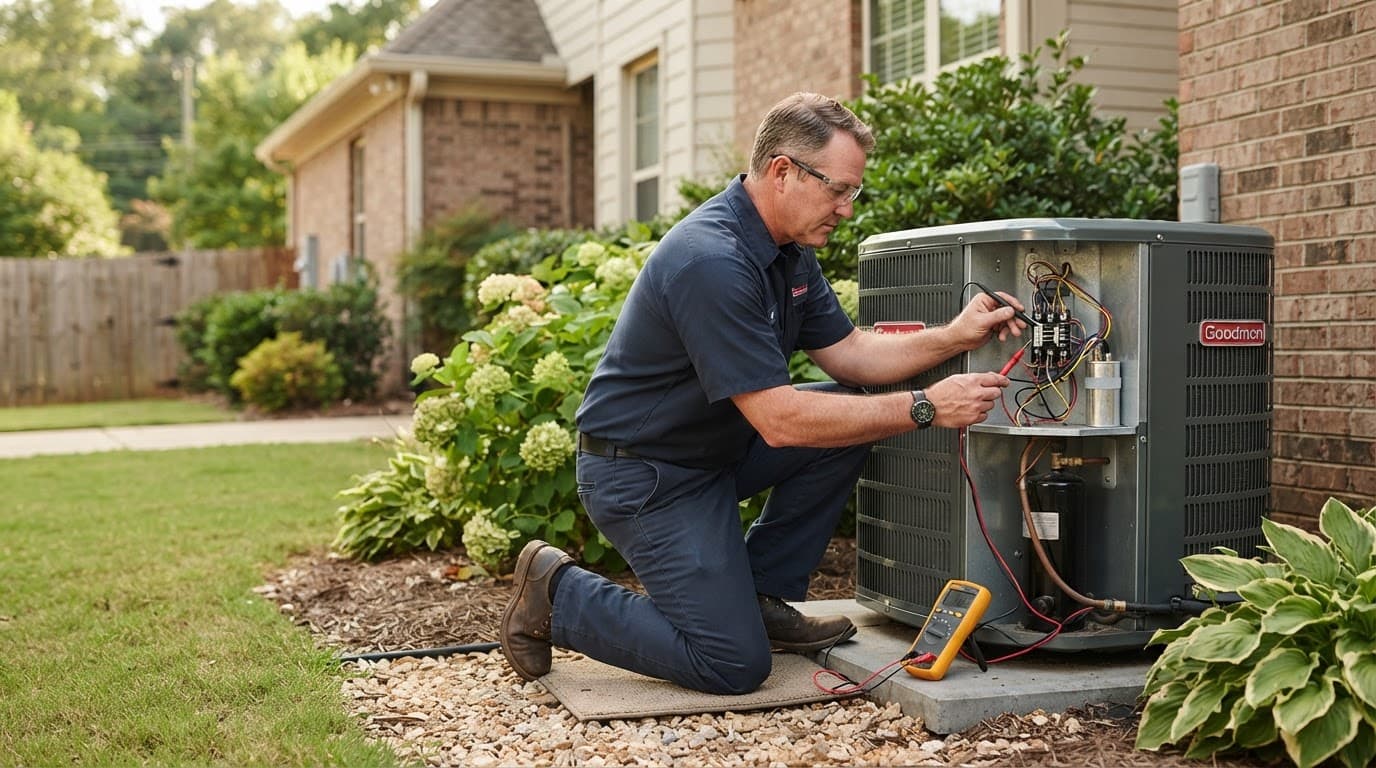 Technician testing an open air conditioner condenser with a multimeter.