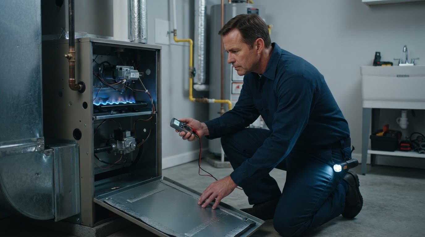 Technician inspecting the burner area inside an open residential gas furnace.