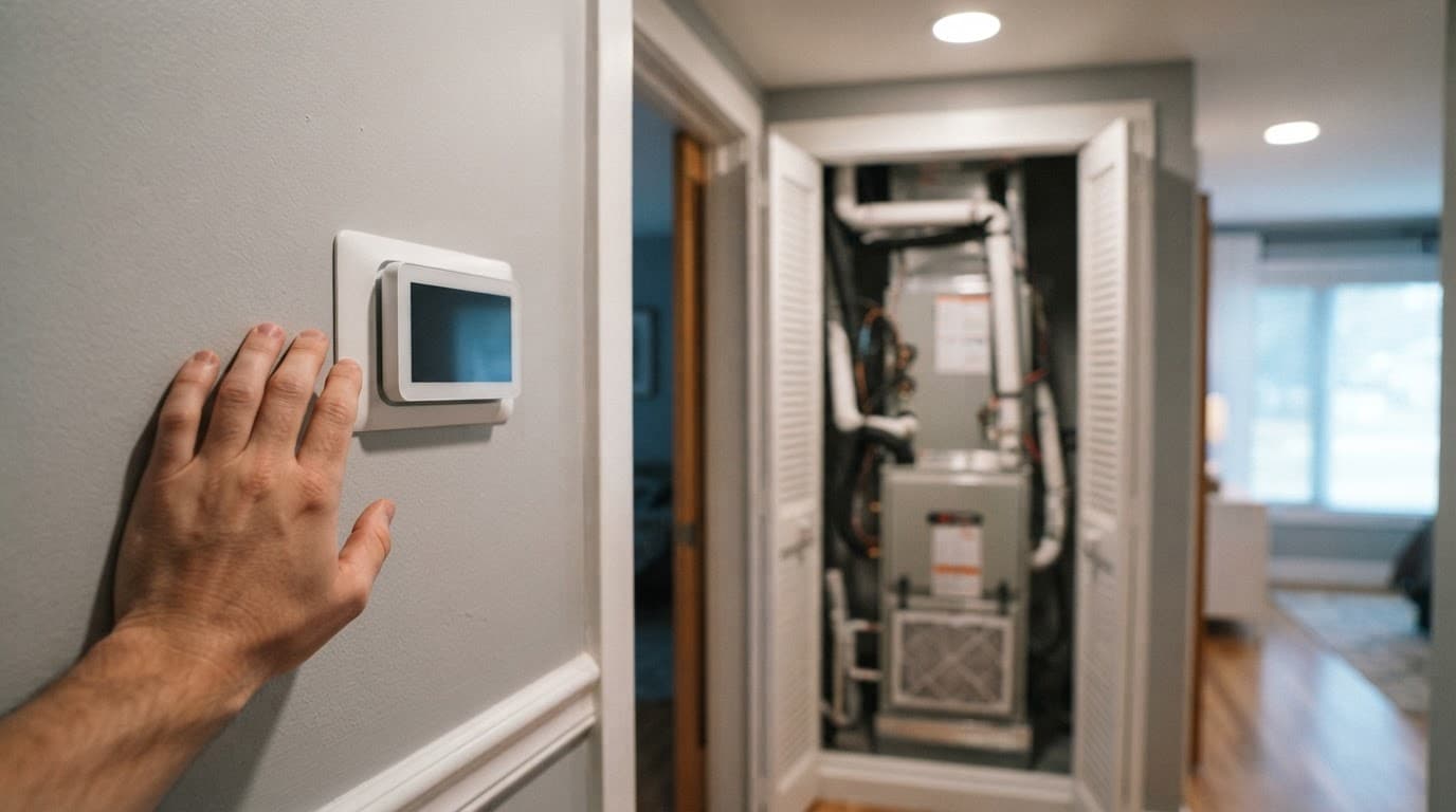 A wall thermostat beside a blurred indoor heat-pump unit and a nearby relaxed hand.
