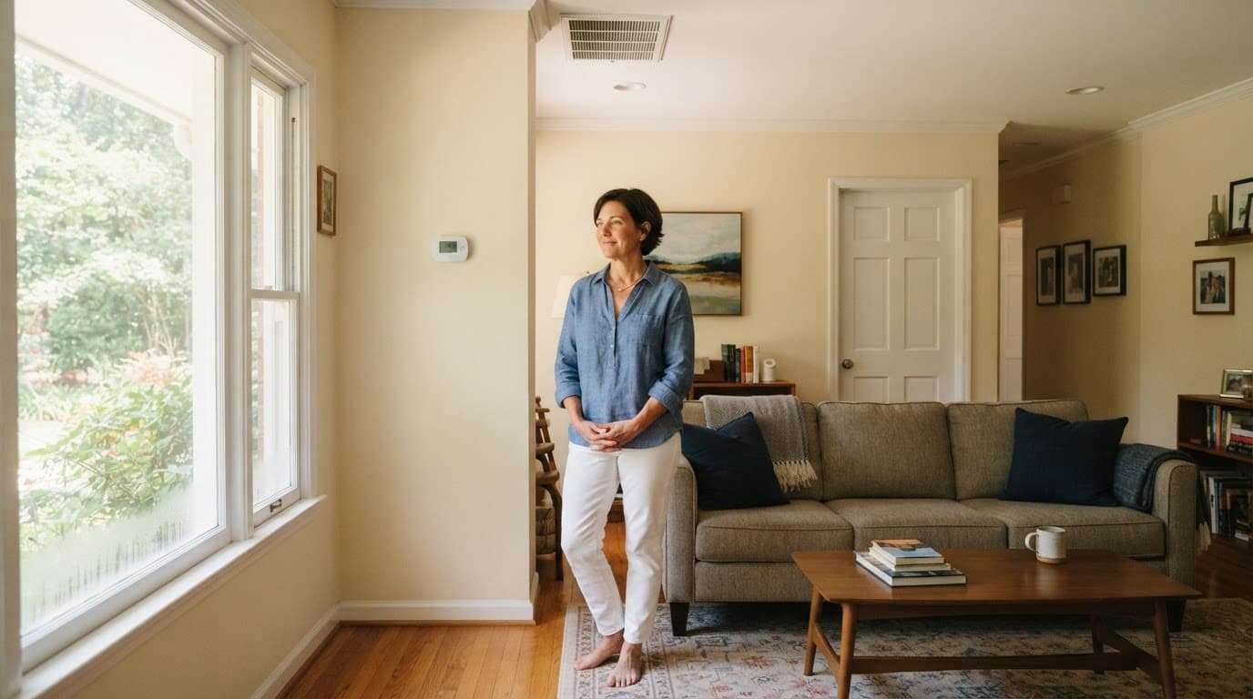 Homeowner in a living room with a thermostat, ceiling vent, closed door, and window condensation.