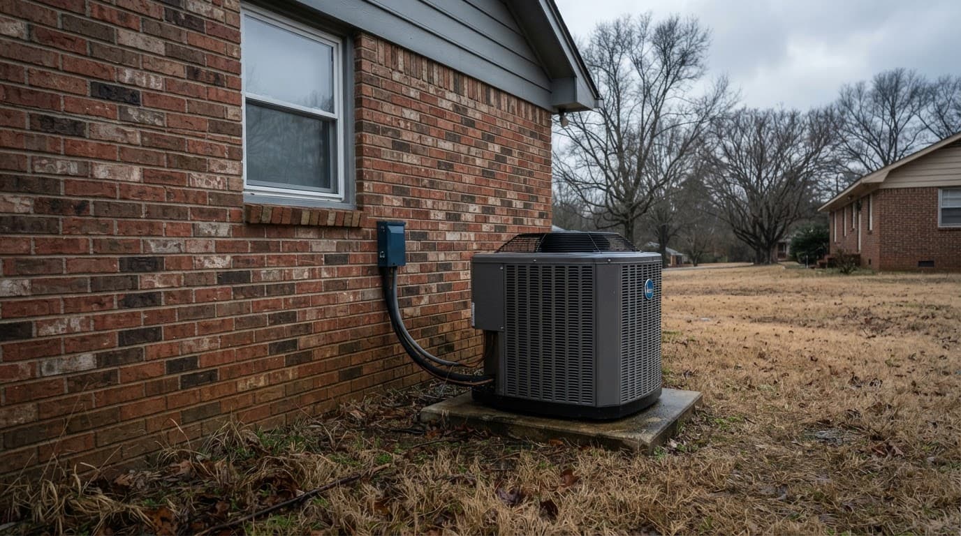 Outdoor condenser beside a brick house in dormant winter grass.